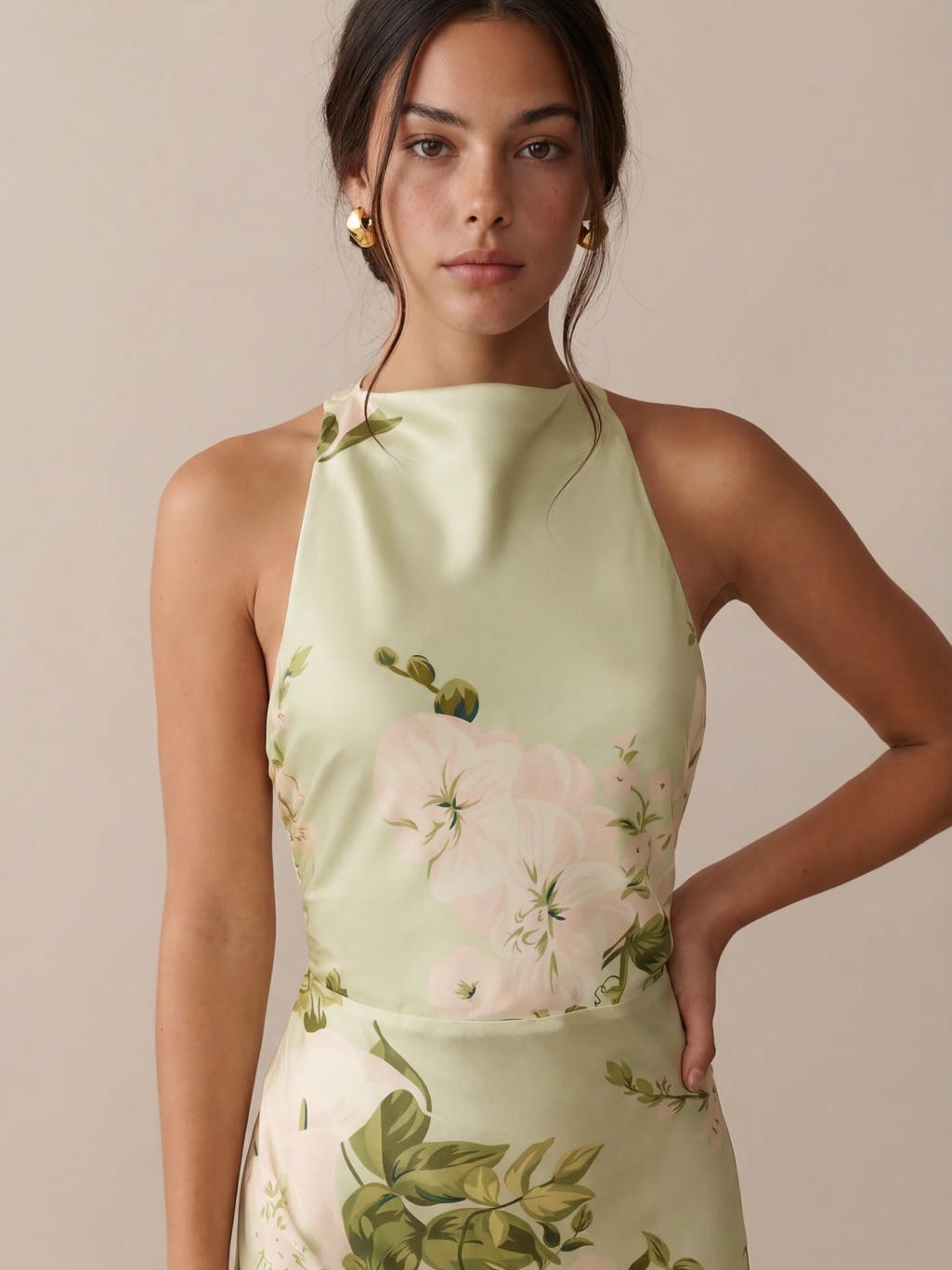 O.P.T Roslyn Silk Dress Halter Floral Satin Maxi Dress In Sage Green Size M — image 5 of 8